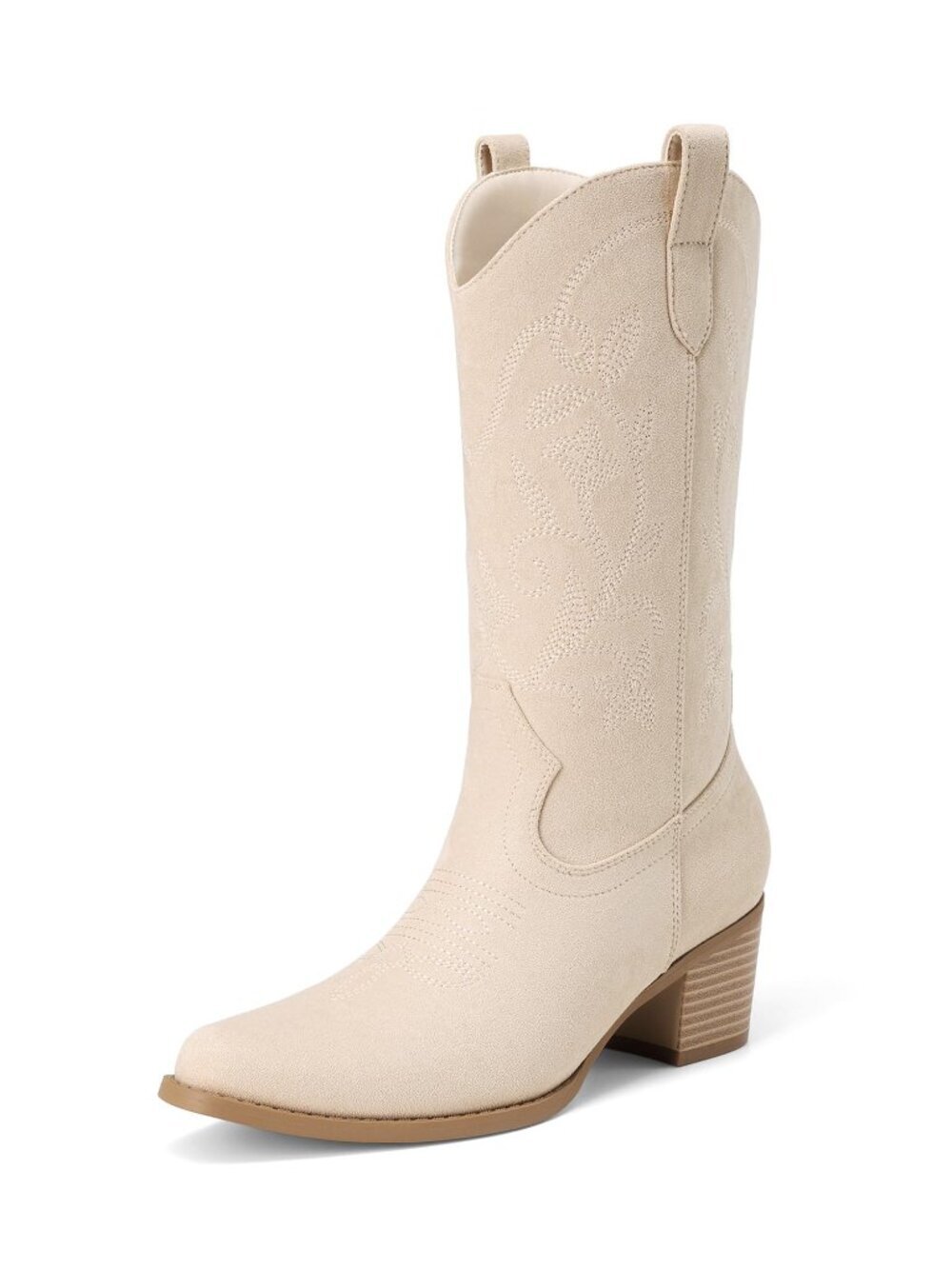 🆕 Womens Cowboy Boots Embroidery Western Cowgirl Boots V Cut Chunky - Beige
